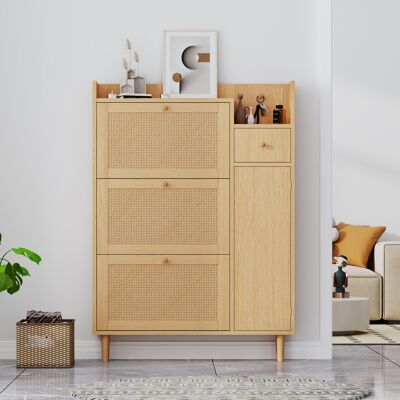 ACKERMAN Meuble À Chaussures En Rotin – Idéal Pour Les Entrées Étroites – 3 Portes Basculantes Et 1 Tiroir – Pieds Et Poignées En Bois Massif – Dimensions : L 90 Cm / H 125 Cm / P 17 Cm - Publicité ACKERMAN Meuble À Chaussures En Rotin – Idéal Pour Les Entrées Étroites – 3 Portes Basculantes Et 1 Tiroir – Pieds Et Poignées En Bois Massif – Dimensions : L 90 Cm / H 125 Cm / P 17 Cm - Publicité