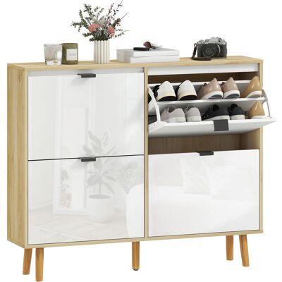 OEM Meuble À Chaussures, Armoire À Chaussures Étroite, 4 Tiroirs Rabattables, Porte Haute Brillante, 105x24x92,5cm, Blanc - Publicité OEM Meuble À Chaussures, Armoire À Chaussures Étroite, 4 Tiroirs Rabattables, Porte Haute Brillante, 105x24x92,5cm, Blanc - Publicité
