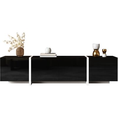 ACKERMAN Meuble Tv Avec Caisson Bas, Caisson Noir Laqué Avec Pieds Blancs Contrastants, Portes Et Tiroirs Élégants. Équipé D'Un Bandeau Lumineux Led. Publicité ACKERMAN Meuble Tv Avec Caisson Bas, Caisson Noir Laqué Avec Pieds Blancs Contrastants, Portes Et Tiroirs Élégants. Équipé D'Un Bandeau Lumineux Led. Publicité