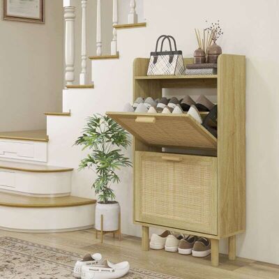 Generic Meuble À Chaussures 2 Portes Abattants Étagère Effet Rotin Tissé Design Bohème, Dim: 80l X 24,5l X 110h Cm - Publicité Generic Meuble À Chaussures 2 Portes Abattants Étagère Effet Rotin Tissé Design Bohème, Dim: 80l X 24,5l X 110h Cm - Publicité