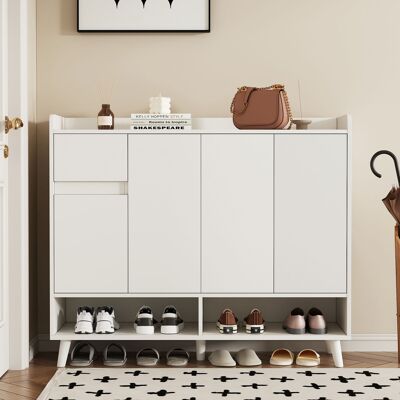 M&S Meuble À Chaussures 4 Portes 1 Tiroir 2 Niches 120x35x99cm Décor Blanc - Publicité M&S Meuble À Chaussures 4 Portes 1 Tiroir 2 Niches 120x35x99cm Décor Blanc - Publicité