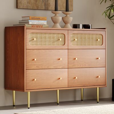 ALLAUVE Buffet Haut En Rotin Noyer, 6 Tiroirs, Commode Pour Chambre Et Salon, Dimensions H90 X L120 X P40 Cm - Publicité ALLAUVE Buffet Haut En Rotin Noyer, 6 Tiroirs, Commode Pour Chambre Et Salon, Dimensions H90 X L120 X P40 Cm - Publicité