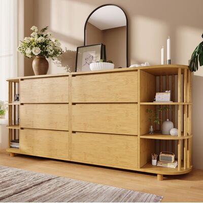 BEAOK Buffet En Mdf Et Bambou Décor Chêne 160x40x75 Cm, 6 Tiroirs, Étagères Ouvertes Latérales, Pieds Centraux Réglables - Publicité BEAOK Buffet En Mdf Et Bambou Décor Chêne 160x40x75 Cm, 6 Tiroirs, Étagères Ouvertes Latérales, Pieds Centraux Réglables - Publicité
