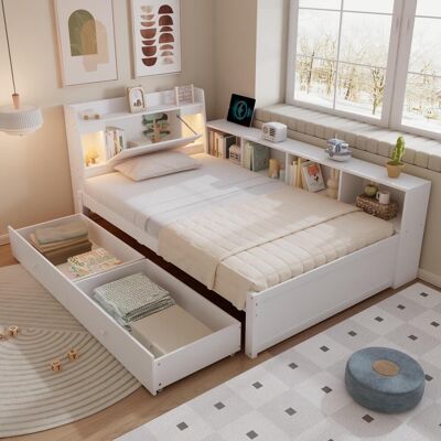 OEM Lit Simple, Lit À Panneaux, Tête De Lit Avec Compartiment De Rangement Et 2 Lampes, Prise De Recharge, Placards Et Tiroirs Latéraux, Pin, Panneaux De Particules Et Mdf, Blanc, 90 X 200 Cm - Publicité OEM Lit Simple, Lit À Panneaux, Tête De Lit Avec Compartiment De Rangement Et 2 Lampes, Prise De Recharge, Placards Et Tiroirs Latéraux, Pin, Panneaux De Particules Et Mdf, Blanc, 90 X 200 Cm - Publicité