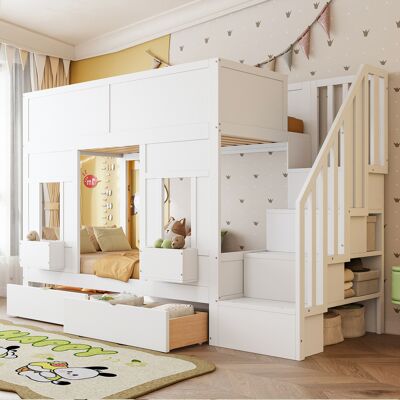 MIVRAY Lit Mezzanine Enfant En Bois Blanc 90x200 Cm Avec Escalier De Rangement, Tiroirs Et Barrières De Sécurité - Publicité MIVRAY Lit Mezzanine Enfant En Bois Blanc 90x200 Cm Avec Escalier De Rangement, Tiroirs Et Barrières De Sécurité - Publicité