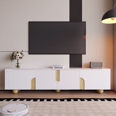 ACKERMAN Meuble Tv Blanc 180 Cm, 4 Portes, Design Élégant, Surface Effet Marbre, Pieds Sphériques En Bois - Publicité ACKERMAN Meuble Tv Blanc 180 Cm, 4 Portes, Design Élégant, Surface Effet Marbre, Pieds Sphériques En Bois - Publicité