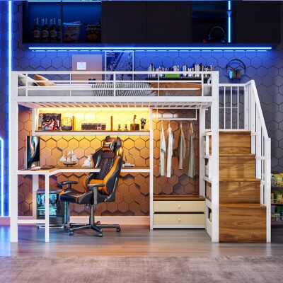 LEMONBEST Lit Mezzanine 90x200 Cm Avec Led, 2 Tiroirs, Bureau, Échelle De Rangement, Grille Pour Suspendre Des Objets, Structure Métal, Blanc - Publicité LEMONBEST Lit Mezzanine 90x200 Cm Avec Led, 2 Tiroirs, Bureau, Échelle De Rangement, Grille Pour Suspendre Des Objets, Structure Métal, Blanc - Publicité