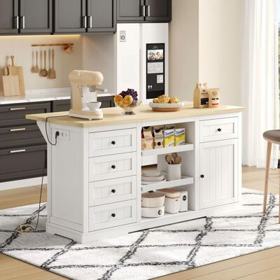ACKERMAN Buffet, Îlot De Cuisine, Meuble Bar Avec 5 Tiroirs, 2 Étagères Coulissantes, Panneau D'Extension Rabattable Et Prises Intégrées, Pour Cuisine, Salle À Manger Et Salon, Blanc, 150×65×75 Cm - Publicité ACKERMAN Buffet, Îlot De Cuisine, Meuble Bar Avec 5 Tiroirs, 2 Étagères Coulissantes, Panneau D'Extension Rabattable Et Prises Intégrées, Pour Cuisine, Salle À Manger Et Salon, Blanc, 150×65×75 Cm - Publicité