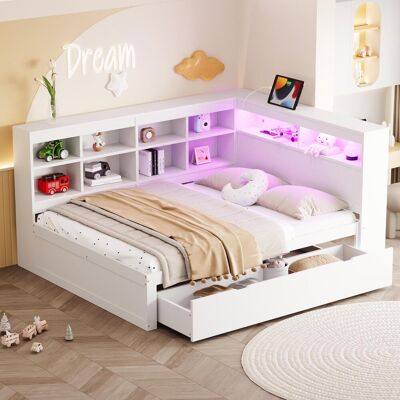OEM , Canapé En Bois Massif 140x200cm, Avec Tiroirs Extra-larges, Prise Usb Et Bande Lumineuse Led, Étagères Et Compartiments De Rangement, Grand Espace De Rangement... Publicité OEM , Canapé En Bois Massif 140x200cm, Avec Tiroirs Extra-larges, Prise Usb Et Bande Lumineuse Led, Étagères Et Compartiments De Rangement, Grand Espace De Rangement... Publicité