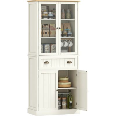 DEVOKO Armoire Garde-manger 5 Niveaux, Tiroir Central, Étagères Réglables, Portes Verre Trempé, 76x40x182,5cm, Blanc Crème - Publicité DEVOKO Armoire Garde-manger 5 Niveaux, Tiroir Central, Étagères Réglables, Portes Verre Trempé, 76x40x182,5cm, Blanc Crème - Publicité