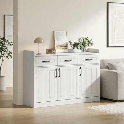 BEAOK Buffet En Panneaux De Particules Blanc 120 X 35 X 80 Cm Avec 3 Portes, 3 Tiroirs Et 2 Tablettes Réglables - Publicité BEAOK Buffet En Panneaux De Particules Blanc 120 X 35 X 80 Cm Avec 3 Portes, 3 Tiroirs Et 2 Tablettes Réglables - Publicité
