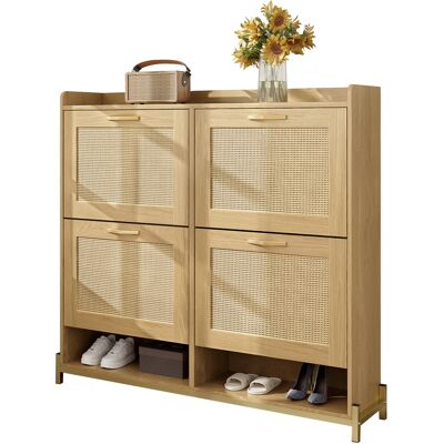 ACKERMAN Élégant Meuble À Chaussures En Bois Avec Portes En Rotin – 4 Portes, Structure En Métal Et Étagère Supérieure Pour Un Rangement Élégant Et Organisé. Publicité ACKERMAN Élégant Meuble À Chaussures En Bois Avec Portes En Rotin – 4 Portes, Structure En Métal Et Étagère Supérieure Pour Un Rangement Élégant Et Organisé. Publicité