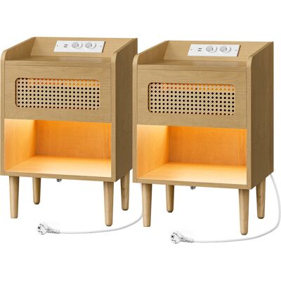 VASAGLE Lot De 2 Tables De Chevet Avec Éclairage À Détecteur De Mouvement, Multiprise Et Détails En Rotin, Style Bohème, Beige - Publicité VASAGLE Lot De 2 Tables De Chevet Avec Éclairage À Détecteur De Mouvement, Multiprise Et Détails En Rotin, Style Bohème, Beige - Publicité