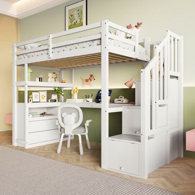 ACKERMAN 90200 Cm, Lit Mezzanine, Lit Et Bureau, Escalier À Rangement, Deux Tiroirs, Blanc - Publicité ACKERMAN 90200 Cm, Lit Mezzanine, Lit Et Bureau, Escalier À Rangement, Deux Tiroirs, Blanc - Publicité