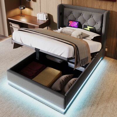 COVREO Lit Simple 90/200 Cm Gris En Coton Avec Rangement Hydraulique, Led Et Ports Usb Type-c - Publicité COVREO Lit Simple 90/200 Cm Gris En Coton Avec Rangement Hydraulique, Led Et Ports Usb Type-c - Publicité