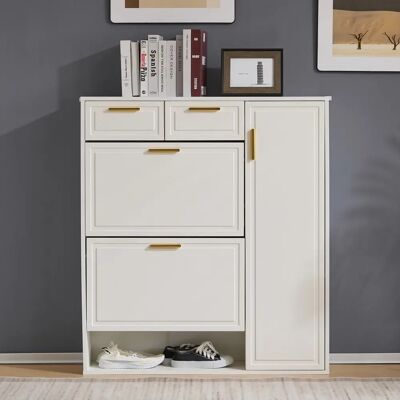 SANS MARQUE Armoire À Chaussures Moderne Blanche - Étagères Ajustables,poignées Dorées,tiroirs Et Portes Rabattables 95×24×107 Cm - Publicité SANS MARQUE Armoire À Chaussures Moderne Blanche - Étagères Ajustables,poignées Dorées,tiroirs Et Portes Rabattables 95×24×107 Cm - Publicité