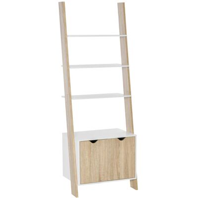 OEM Bibliothèque En Bois En Forme D'Échelle Avec 3 Étagères Et 1 Placard De Rangement, 60 X 40 X 171 Cm, Chêne Et Blanc - Publicité OEM Bibliothèque En Bois En Forme D'Échelle Avec 3 Étagères Et 1 Placard De Rangement, 60 X 40 X 171 Cm, Chêne Et Blanc - Publicité
