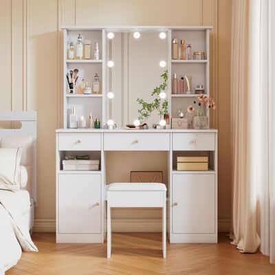ACKERMAN Grande Coiffeuse Avec Éclairage Led Réglable, Miroir Et Tabouret, 3 Tiroirs Et 2 Portes, Blanche, Dimensions : H 151 Cm × L 110 Cm × P 40 Cm - Publicité ACKERMAN Grande Coiffeuse Avec Éclairage Led Réglable, Miroir Et Tabouret, 3 Tiroirs Et 2 Portes, Blanche, Dimensions : H 151 Cm × L 110 Cm × P 40 Cm - Publicité