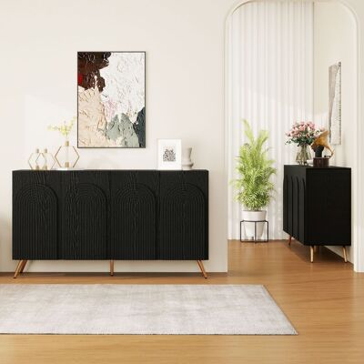 ARRIGONI Buffet Au Style Mid-century, Meuble De Couloir Noir Avec Rainures 3d Et Portes Cintrées, Panneau De Particules, Étagères Réglables, Pieds En Métal Doré - Publicité ARRIGONI Buffet Au Style Mid-century, Meuble De Couloir Noir Avec Rainures 3d Et Portes Cintrées, Panneau De Particules, Étagères Réglables, Pieds En Métal Doré - Publicité