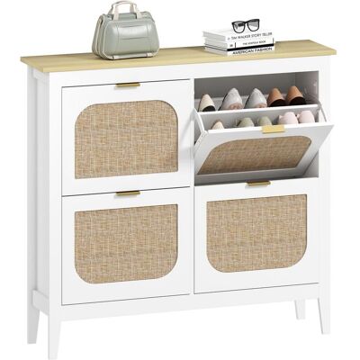 OEM Meuble À Chaussures 20 Paires Bohème Avec 4 Tiroirs Rabattables, Portes Effet Cannage Rotin, 105 X 24 X 95,5 Cm, Blanc - Publicité OEM Meuble À Chaussures 20 Paires Bohème Avec 4 Tiroirs Rabattables, Portes Effet Cannage Rotin, 105 X 24 X 95,5 Cm, Blanc - Publicité