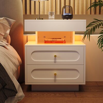 ACKERMAN Table De Chevet Avec Éclairage Led, Commode De Nuit À 2 Tiroirs, 1 Compartiment De Rangement Ouvert, Blanche, L 50/p 40/h 60 Cm - Publicité ACKERMAN Table De Chevet Avec Éclairage Led, Commode De Nuit À 2 Tiroirs, 1 Compartiment De Rangement Ouvert, Blanche, L 50/p 40/h 60 Cm - Publicité