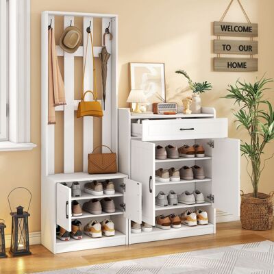 ACKERMAN Ensemble Armoire Blanche 140,6 X 32 X 180 Cm, Panneau D'Armoire D'Entrée + Rangements À Chaussures, Finition Mate, Mobilier D'Entrée, Étendoir À Chaussures, Armoire D'Entrée, Ensemble Pour Se Changer - Publicité ACKERMAN Ensemble Armoire Blanche 140,6 X 32 X 180 Cm, Panneau D'Armoire D'Entrée + Rangements À Chaussures, Finition Mate, Mobilier D'Entrée, Étendoir À Chaussures, Armoire D'Entrée, Ensemble Pour Se Changer - Publicité