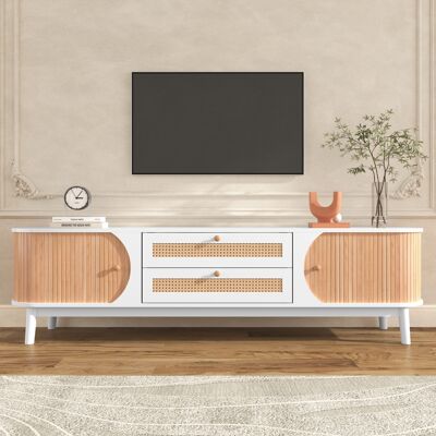 OEM Meuble Tv En Bois Naturel Avec Portes Et Tiroirs. Meuble Tv Avec Côtés En Rotin. Solution De Rangement, Style Champêtre Naturel. Publicité OEM Meuble Tv En Bois Naturel Avec Portes Et Tiroirs. Meuble Tv Avec Côtés En Rotin. Solution De Rangement, Style Champêtre Naturel. Publicité