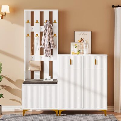 OEM Ensemble Armoire Avec Banc À Chaussures Et Coussin, Façade D'Armoire Avec Crochets, Meuble À Chaussures Avec Tiroirs Et Portes - Publicité OEM Ensemble Armoire Avec Banc À Chaussures Et Coussin, Façade D'Armoire Avec Crochets, Meuble À Chaussures Avec Tiroirs Et Portes - Publicité