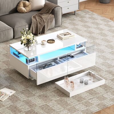 ACKERMAN Table Basse 90 X 45 X 35,5 Cm Avec Plateau, Finition Laquée Brillante, Idéale Pour Le Salon. Table D'Appoint Avec 2 Tiroirs, Table De Chevet Robuste En Verre Trempé, Éclairage Led Intégré, Blanche. Publicité ACKERMAN Table Basse 90 X 45 X 35,5 Cm Avec Plateau, Finition Laquée Brillante, Idéale Pour Le Salon. Table D'Appoint Avec 2 Tiroirs, Table De Chevet Robuste En Verre Trempé, Éclairage Led Intégré, Blanche. Publicité