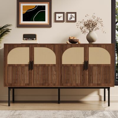 BEAOK Buffet En Mdf Coloris Naturel Effet Noyer Et Rotin, 140 X 40 X 80 Cm, 4 Portes, Charnières Amorties - Publicité BEAOK Buffet En Mdf Coloris Naturel Effet Noyer Et Rotin, 140 X 40 X 80 Cm, 4 Portes, Charnières Amorties - Publicité