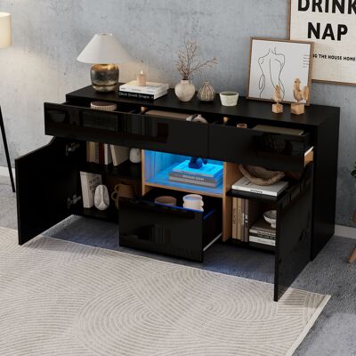 LEMONBEST Buffet Led 4 Tiroirs 2 Portes Avec Niche Ouverte Et Façade Brillante, 140 X 40 X 70 Cm, Panneau De Particules, Noir Et Bois Naturel - Publicité LEMONBEST Buffet Led 4 Tiroirs 2 Portes Avec Niche Ouverte Et Façade Brillante, 140 X 40 X 70 Cm, Panneau De Particules, Noir Et Bois Naturel - Publicité