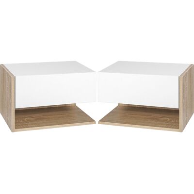 OEM Lot De 2 Tables De Chevet Murales - Lot De 2 Tables De Nuit - Tiroir Coulissant, Étagère, Bicolore Aspect Chêne Blanc - Publicité OEM Lot De 2 Tables De Chevet Murales - Lot De 2 Tables De Nuit - Tiroir Coulissant, Étagère, Bicolore Aspect Chêne Blanc - Publicité