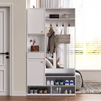 ACKERMAN Ensemble Armoire, Ensemble Armoire D'Entrée Complet Avec Banc, 4 Crochets, Portes Et Tiroirs - Blanc, Dimensions Compactes 100×180×35 Cm (l×h×p) - Publicité ACKERMAN Ensemble Armoire, Ensemble Armoire D'Entrée Complet Avec Banc, 4 Crochets, Portes Et Tiroirs - Blanc, Dimensions Compactes 100×180×35 Cm (l×h×p) - Publicité