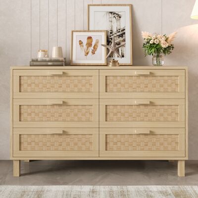 ACKERMAN Élégant Buffet Et Commode En Bois Naturel À Six Tiroirs, Armoire De Chambre Avec Beaucoup D'Espace De Rangement, Tiroirs Aspect Rotin. Publicité ACKERMAN Élégant Buffet Et Commode En Bois Naturel À Six Tiroirs, Armoire De Chambre Avec Beaucoup D'Espace De Rangement, Tiroirs Aspect Rotin. Publicité