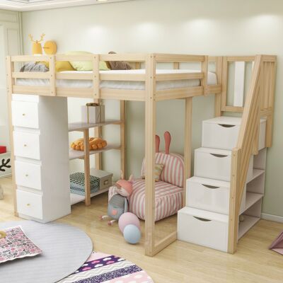 ACKERMAN Lit Mezzanine 140200cm Avec Tiroir De Rangement, Commode Avec Étagères, Échelle De Sécurité À Rangement Avec Tiroirs, Lit En Bois Massif Multifonctionnel, Couleur Bois, L'Ancienne Sku Est Ldb00278aan - Publicité ACKERMAN Lit Mezzanine 140200cm Avec Tiroir De Rangement, Commode Avec Étagères, Échelle De Sécurité À Rangement Avec Tiroirs, Lit En Bois Massif Multifonctionnel, Couleur Bois, L'Ancienne Sku Est Ldb00278aan - Publicité