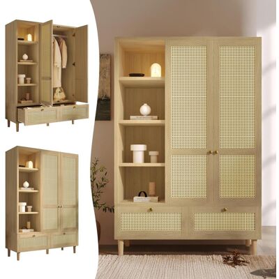 OEM Armoire À 2 Portes En Rotin Tressé, Style Campagnard Aspect Chêne, Étagère Ouverte, Étagères, Tringle À Vêtements, 2 Tiroirs, Dispositif Anti-basculement, 180 X 120 X 50 Cm (h/l/p) - Publicité OEM Armoire À 2 Portes En Rotin Tressé, Style Campagnard Aspect Chêne, Étagère Ouverte, Étagères, Tringle À Vêtements, 2 Tiroirs, Dispositif Anti-basculement, 180 X 120 X 50 Cm (h/l/p) - Publicité