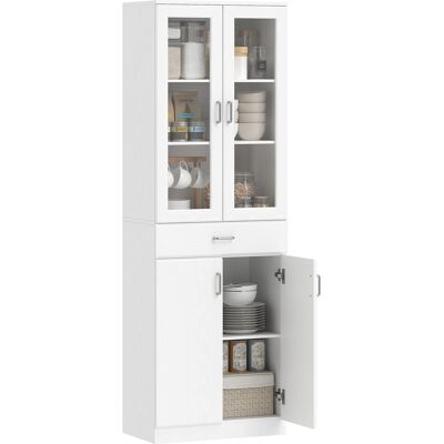 OEM Buffet Haut Cuisine Armoire De 4 Portes Dont 2 En Verre Tiroirs Étagères Réglables 60x35x180cm Blanc - Publicité OEM Buffet Haut Cuisine Armoire De 4 Portes Dont 2 En Verre Tiroirs Étagères Réglables 60x35x180cm Blanc - Publicité