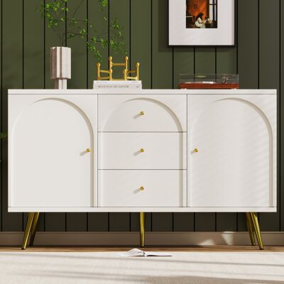ABAISAN Commode 140x40cm - 3 Tiroirs Et 2 Portes - Façades Arquées - Étagère Réglable - Pied Métal Réglable - Capacité 30kg - Blanc Crème - Publicité ABAISAN Commode 140x40cm - 3 Tiroirs Et 2 Portes - Façades Arquées - Étagère Réglable - Pied Métal Réglable - Capacité 30kg - Blanc Crème - Publicité