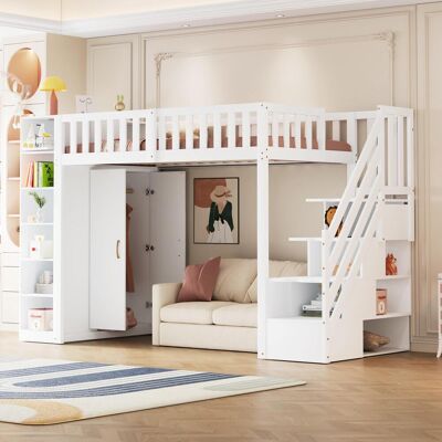 OEM Lit Mezzanine Multifonctionnel 90x200cm Avec Étagères, Armoire De Rangement Et Grande Penderie, Échelle De Sécurité Avec Compartiments De Rangement, Blanc - Publicité OEM Lit Mezzanine Multifonctionnel 90x200cm Avec Étagères, Armoire De Rangement Et Grande Penderie, Échelle De Sécurité Avec Compartiments De Rangement, Blanc - Publicité