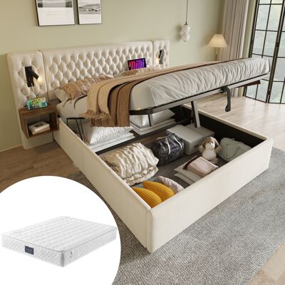 ACKERMAN Ensemble De Chambre Complet, Lit Rembourré Avec Rangement Hydraulique, Lit Double 160×200 Cm Avec 2 Tables De Chevet, Lampe De Lecture De Tête De Lit Avec Fonction De Chargement Usb, Beige, Velours (a - Publicité ACKERMAN Ensemble De Chambre Complet, Lit Rembourré Avec Rangement Hydraulique, Lit Double 160×200 Cm Avec 2 Tables De Chevet, Lampe De Lecture De Tête De Lit Avec Fonction De Chargement Usb, Beige, Velours (a - Publicité