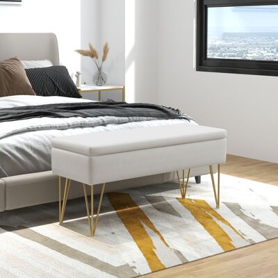 OEM Banc Banquette Coffre De Rangement 2 En 1 En Tissu Avec Pieds Épingle En Acier Doré 100 X 40 X 49 Cm Crème - Publicité OEM Banc Banquette Coffre De Rangement 2 En 1 En Tissu Avec Pieds Épingle En Acier Doré 100 X 40 X 49 Cm Crème - Publicité