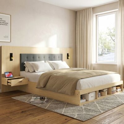 LEMONBEST Lit Double 160 X 200 Cm, Lit Avec 2 Tables De Chevet, Lampes De Lecture 360°, Usb/type-c Et Rangements, Structure Mdf, Chêne Clair - Publicité LEMONBEST Lit Double 160 X 200 Cm, Lit Avec 2 Tables De Chevet, Lampes De Lecture 360°, Usb/type-c Et Rangements, Structure Mdf, Chêne Clair - Publicité