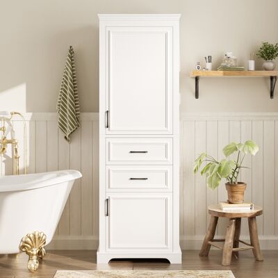 ACKERMAN Armoire De Salle De Bain Haute Mdf 60x40x180cm, Avec Deux Tiroirs, Deux Armoires, Quatre Compartiments De Rangement, Clayettes Réglables, Charnières Fermeture Douce, Poignées Noires, Design Épuré, Bla - Publicité ACKERMAN Armoire De Salle De Bain Haute Mdf 60x40x180cm, Avec Deux Tiroirs, Deux Armoires, Quatre Compartiments De Rangement, Clayettes Réglables, Charnières Fermeture Douce, Poignées Noires, Design Épuré, Bla - Publicité
