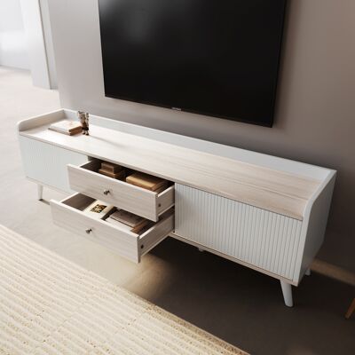 MIDUODUO Meuble Tv 160x40x52cm Deux Tiroirs Deux Portes Coulissantes,texture Naturelle Bois Dimensions H58/l160/d40cm Blanc. Publicité MIDUODUO Meuble Tv 160x40x52cm Deux Tiroirs Deux Portes Coulissantes,texture Naturelle Bois Dimensions H58/l160/d40cm Blanc. Publicité