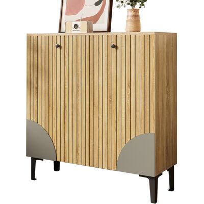ACKERMAN Meuble À Chaussures Moderne 90 X 32 X 94 Cm Aspect Bois Avec Trois Portes, Espace De Rangement Et Étagère – Meuble D'Entrée Clair Avec Structure Noire, Design Vertical Et Décoration Grise - Publicité ACKERMAN Meuble À Chaussures Moderne 90 X 32 X 94 Cm Aspect Bois Avec Trois Portes, Espace De Rangement Et Étagère – Meuble D'Entrée Clair Avec Structure Noire, Design Vertical Et Décoration Grise - Publicité