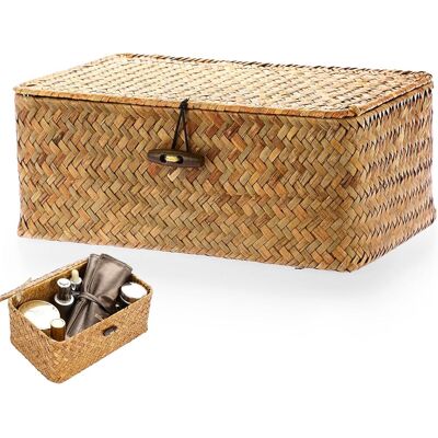 GRASSLIN 1 Panier Rangement Osier, Couvercle Fermeture, Vannerie Tressée, Cadre Métal Intérieur, Salon Cuisine Salle De Bain - Publicité GRASSLIN 1 Panier Rangement Osier, Couvercle Fermeture, Vannerie Tressée, Cadre Métal Intérieur, Salon Cuisine Salle De Bain - Publicité