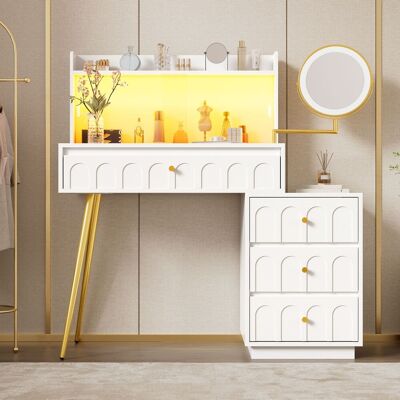 LEMONBEST Coiffeuse Avec Miroir Led Orientable 3 Couleurs 112x40x116 Cm, Table De Maquillage Blanche, Portes Vitrées Coulissantes, 4 Tiroirs - Publicité LEMONBEST Coiffeuse Avec Miroir Led Orientable 3 Couleurs 112x40x116 Cm, Table De Maquillage Blanche, Portes Vitrées Coulissantes, 4 Tiroirs - Publicité