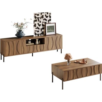 ACKERMAN Ensemble Table Basse Et Meuble Tv En Bois Massif À Motif Ondulé, Rangements En Bois Naturel, Mobilier De Rangement Artistique Pour Le Salon - Publicité ACKERMAN Ensemble Table Basse Et Meuble Tv En Bois Massif À Motif Ondulé, Rangements En Bois Naturel, Mobilier De Rangement Artistique Pour Le Salon - Publicité