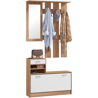 OEM Porte-manteau 3 En 1 Avec Étagère À Chaussures Et Miroir, Crochets Et Tiroirs, En Bois, 90 X 24 X 177 Cm, Blanc Et Noyer - Publicité OEM Porte-manteau 3 En 1 Avec Étagère À Chaussures Et Miroir, Crochets Et Tiroirs, En Bois, 90 X 24 X 177 Cm, Blanc Et Noyer - Publicité