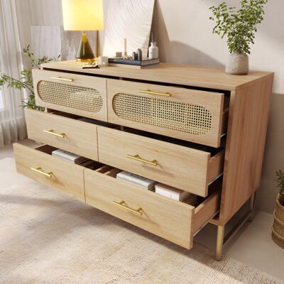 AUDIONOVA Commode/buffet En Rotin À 6 Tiroirs, Coiffeuse, Pour Salon Et Chambre, Poignées En Métal, Dispositif Anti-basculement - Publicité AUDIONOVA Commode/buffet En Rotin À 6 Tiroirs, Coiffeuse, Pour Salon Et Chambre, Poignées En Métal, Dispositif Anti-basculement - Publicité
